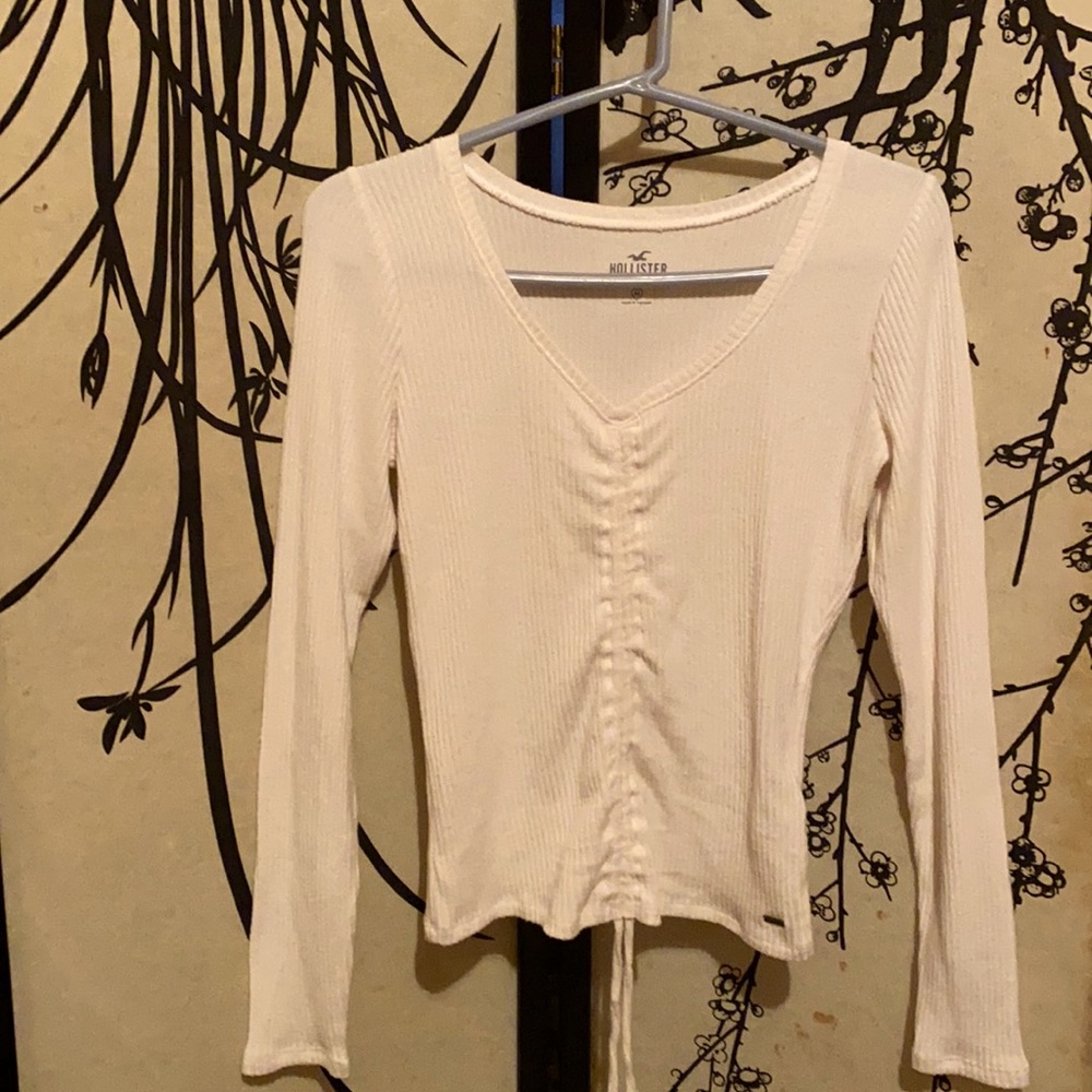 Hollister White Ribbed Long Sleeve Top W/Ruched Detail
